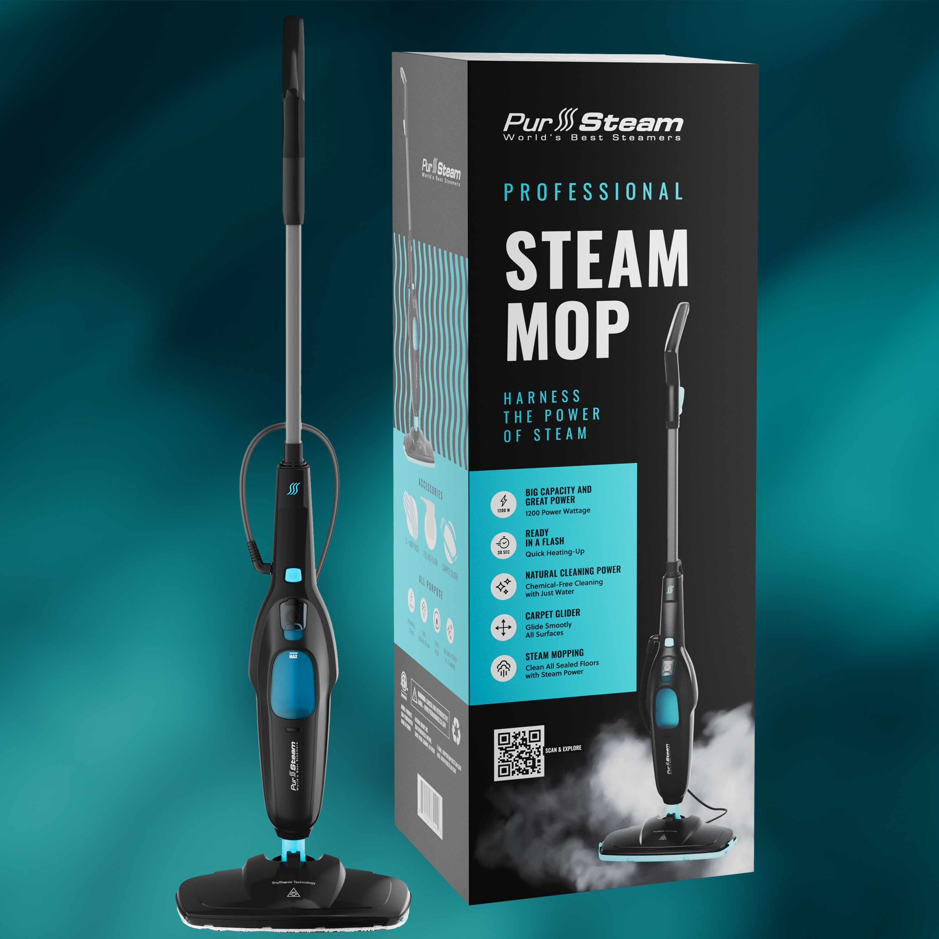 PurSteam Professional Steam Mop | Multi-Surface Floor Cleaner for Hardwood, Tile, Laminate & Carpet | Fast Heating, Lightweight & Chemical-Free Cleaning
