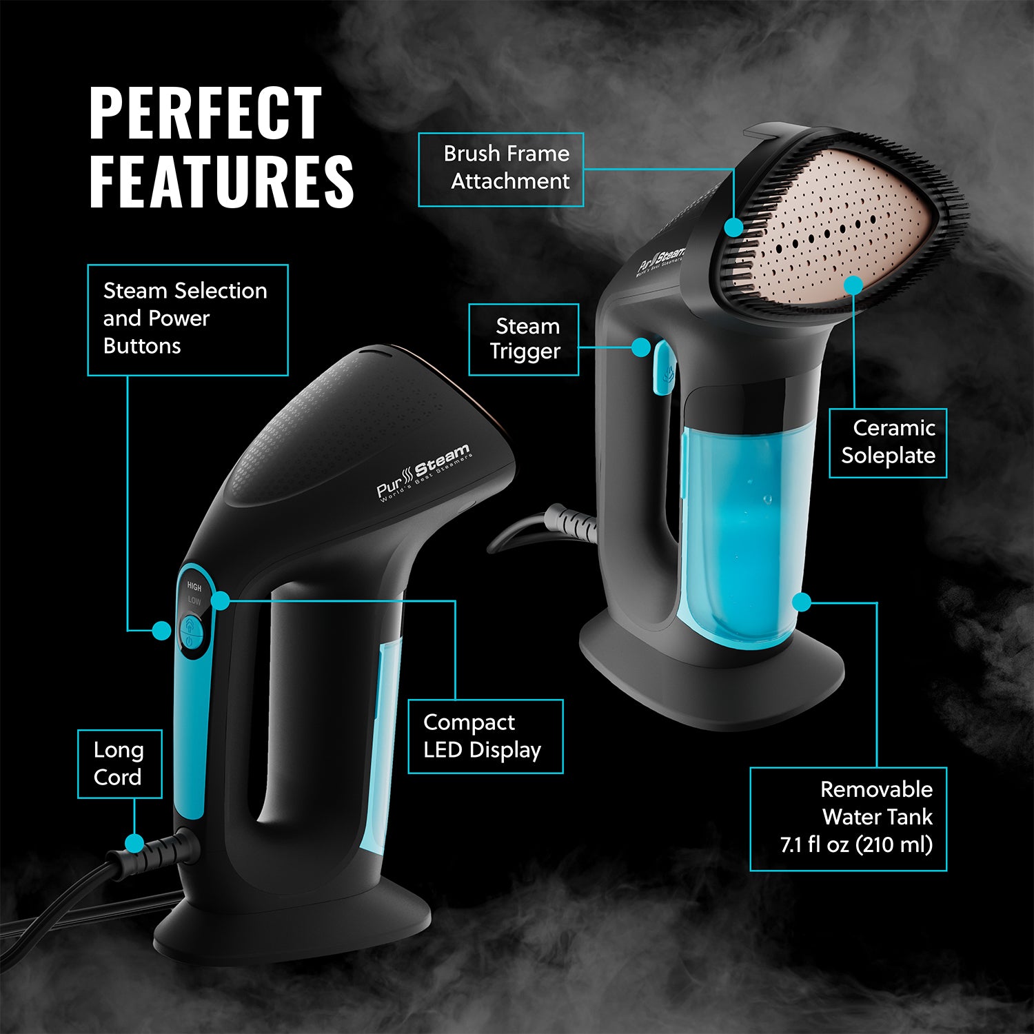 PurSteam Handheld Garment Steamer for Clothes – Powerful Wrinkle Remover with 3 Steam Settings, Large Removable Water Tank, and Fast Heat-Up – Portable Fabric Steamer for Home & Travel