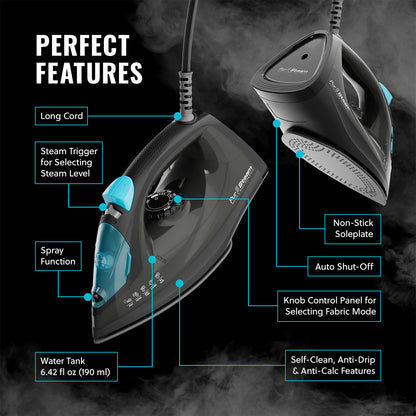 PurSteam Professional 1250W Steam Iron | Powerful Steamer with Burst of Steam & Spray | Non-Stick Soleplate, Easy Temperature Control & Auto Shut-Off