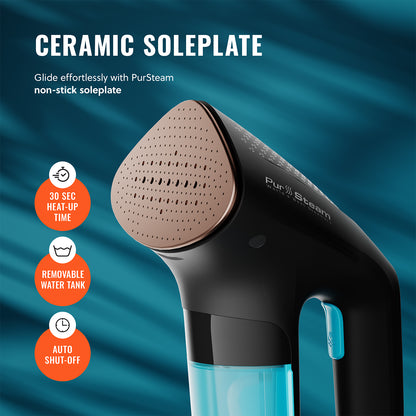 PurSteam Handheld Garment Steamer for Clothes – Powerful Wrinkle Remover with 3 Steam Settings, Large Removable Water Tank, and Fast Heat-Up – Portable Fabric Steamer for Home & Travel