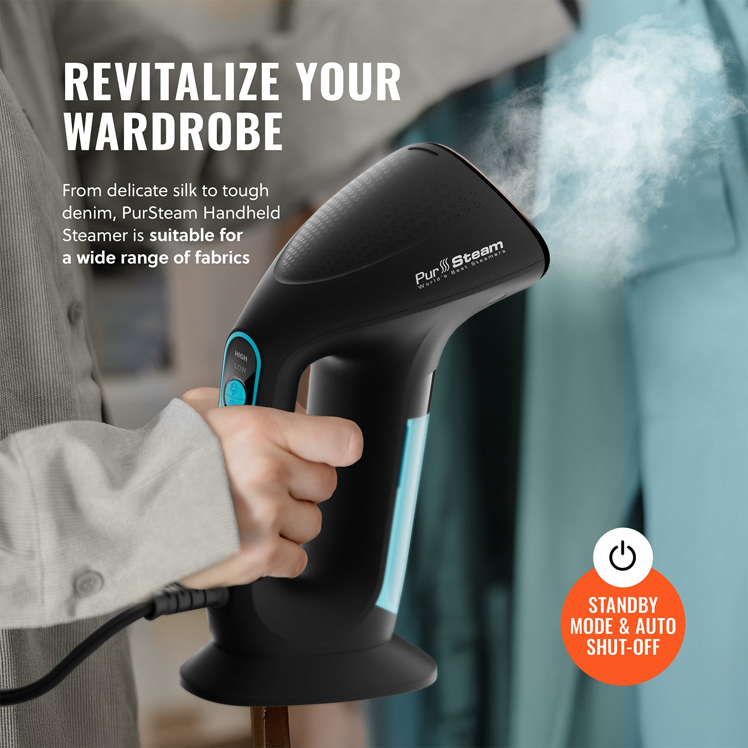 PurSteam Handheld Garment Steamer for Clothes – Powerful Wrinkle Remover with 3 Steam Settings, Large Removable Water Tank, and Fast Heat-Up – Portable Fabric Steamer for Home & Travel