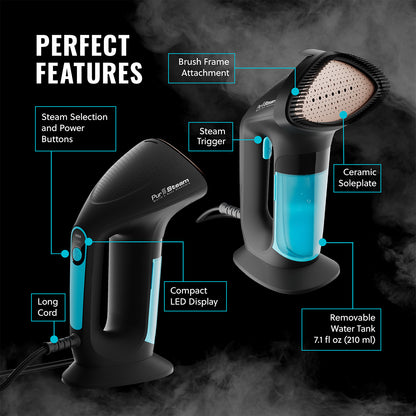 PurSteam Handheld Garment Steamer for Clothes – Powerful Wrinkle Remover with 3 Steam Settings, Large Removable Water Tank, and Fast Heat-Up – Portable Fabric Steamer for Home & Travel